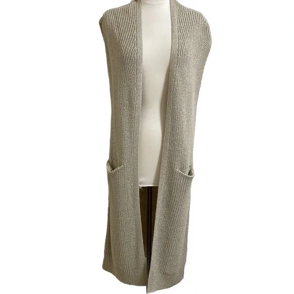New ANTHRO AKEMI + KIM Tan Cream Kimono Long Nell Sleeveless Knit Cardi Vest